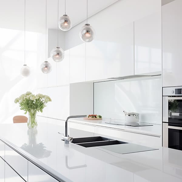 Cocina blanca moderna reformada con isla central y diseño minimalista.